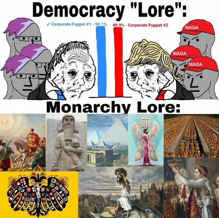 Cartoon comparison of democracy and monarchy lore showing political puppets and ancient royal imagery in history memes.