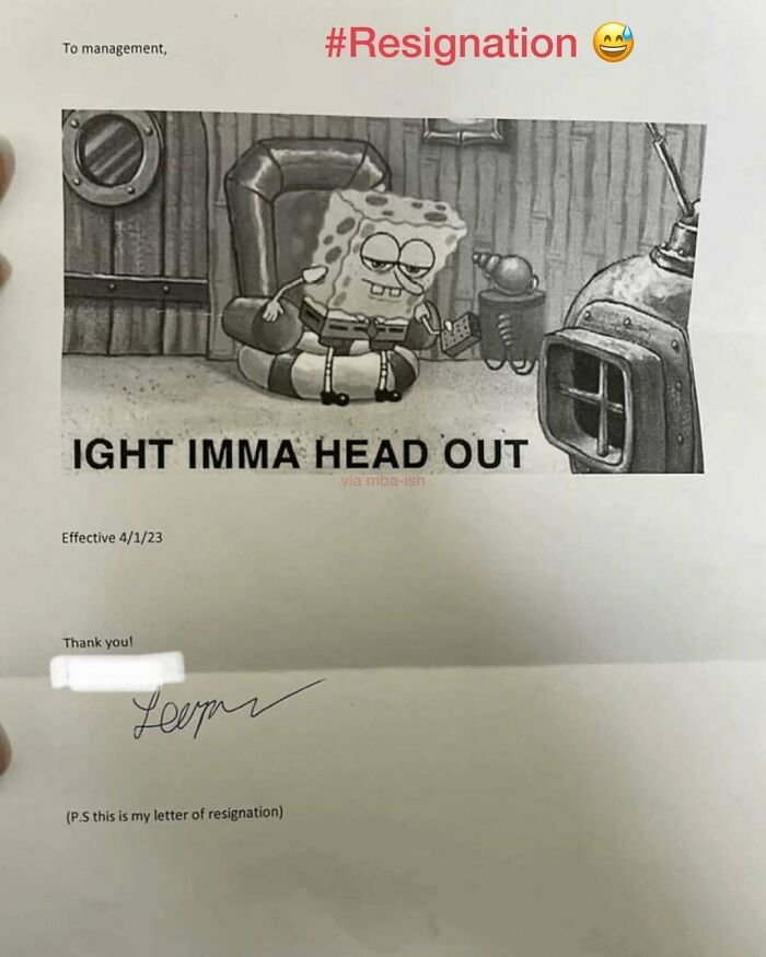 Resignation letter meme with a character leaving. Humorous work meme for anyone making it to Friday.