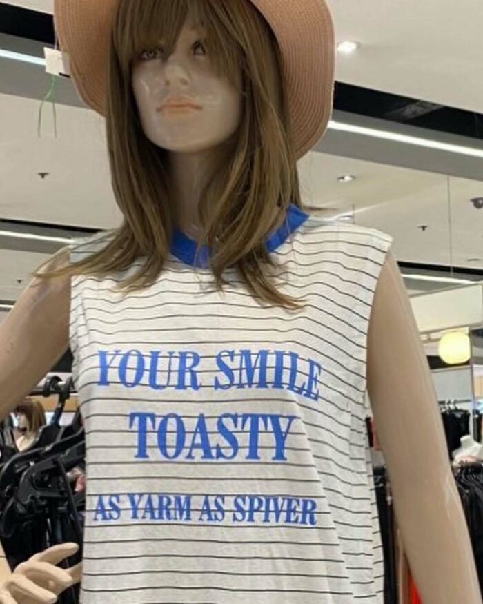 Mannequin wearing a T-shirt with humorous translation, highlighting a funny text mishap.