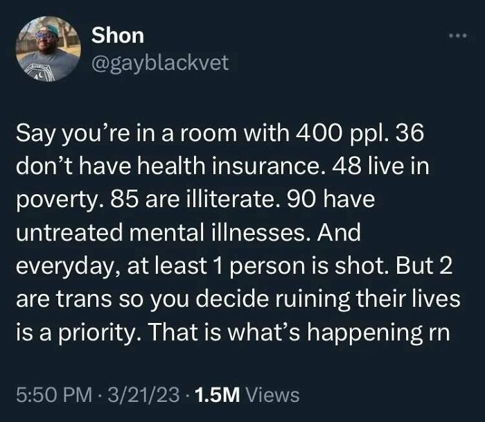 Tweet highlighting struggles living in capitalism, discussing issues like health care, poverty, and mental illness.