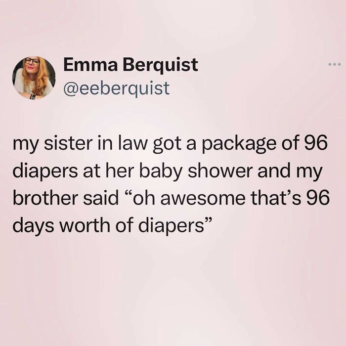 Funny tweet about receiving 96 diapers at a baby shower, with humorous misunderstanding of usage duration.