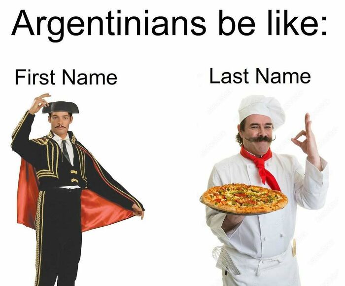 Humorous meme featuring stereotypical Argentinian first name and last name with traditional costumes, history class humor.
