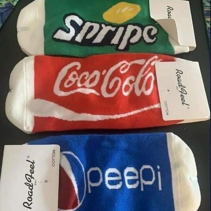 Socks with humorous translations imitating famous beverage brands: "Snripe," "Coco-Cole," and "peepi."