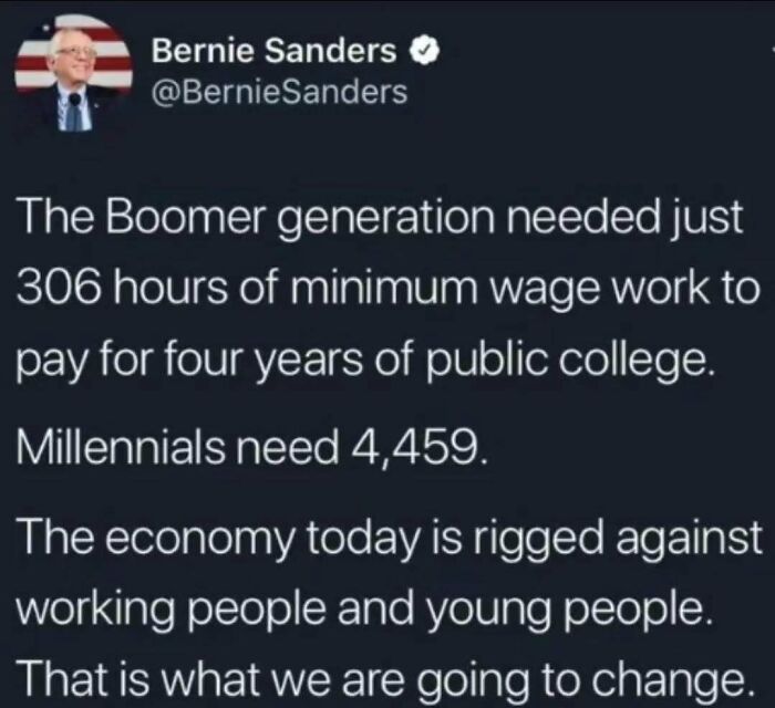 Tweet highlighting economic struggles for millennials compared to boomers, focusing on labor and education costs.