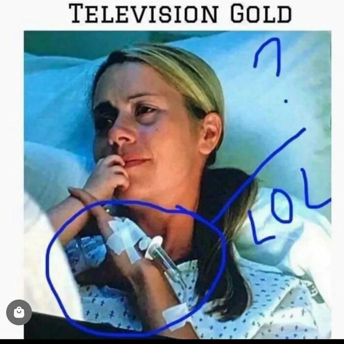 Woman in hospital gown with misplaced IV line, highlighting a humorous medical school meme moment.