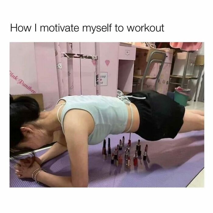 Woman doing plank above lipstick, a relatable meme moment.