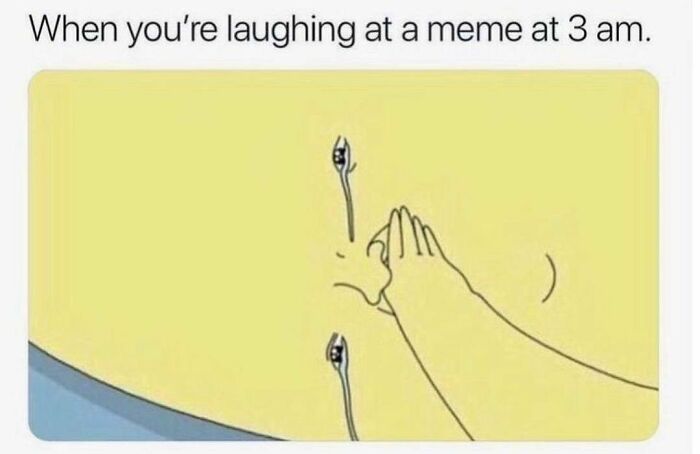 Cartoon character laughing while crying, illustrating a painfully relatable meme moment.