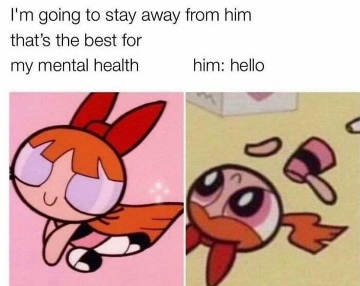 Character contemplating mental health, then reacting humorously to a greeting. Painfully relatable meme format.