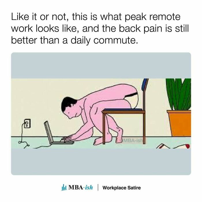 Cartoon of a person awkwardly hunched over a laptop on the floor, humorously illustrating relatable work-from-home struggles.