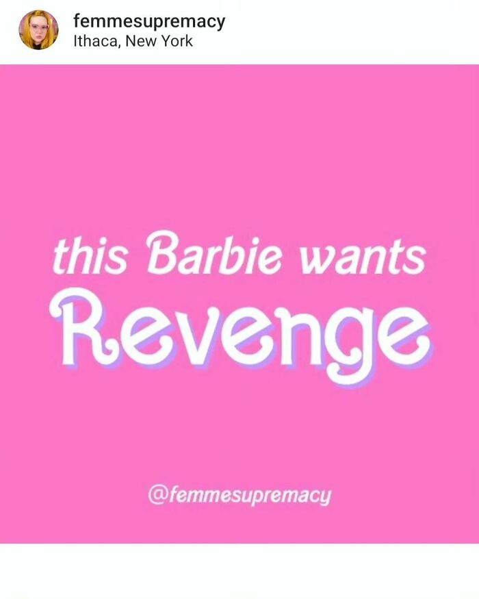 Pink background with text: "this Barbie wants Revenge." Anti-work sentiment in bold typography.