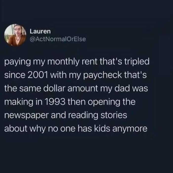A tweet highlighting rent struggles under capitalism, comparing 2001 rent hikes to stagnant pay from 1993.
