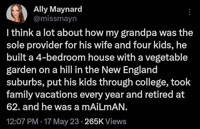 Ally Maynard shares a tweet pondering her grandfather's achievements and reflections on capitalism challenges.