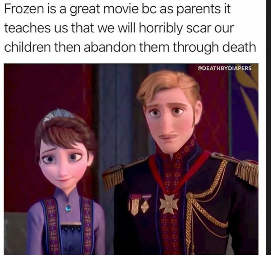 Animated characters from Frozen with humorous parenting caption about the challenges of parenthood.