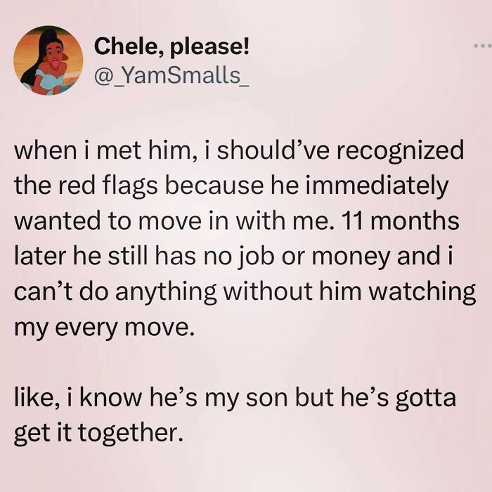 Funny tweet about realizing parenting challenges, from a person's humorous perspective on red flags and life situations.