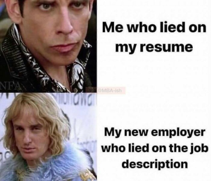 Two images depict humorous reactions to lies on resumes and job descriptions, capturing relatable work meme humor.
