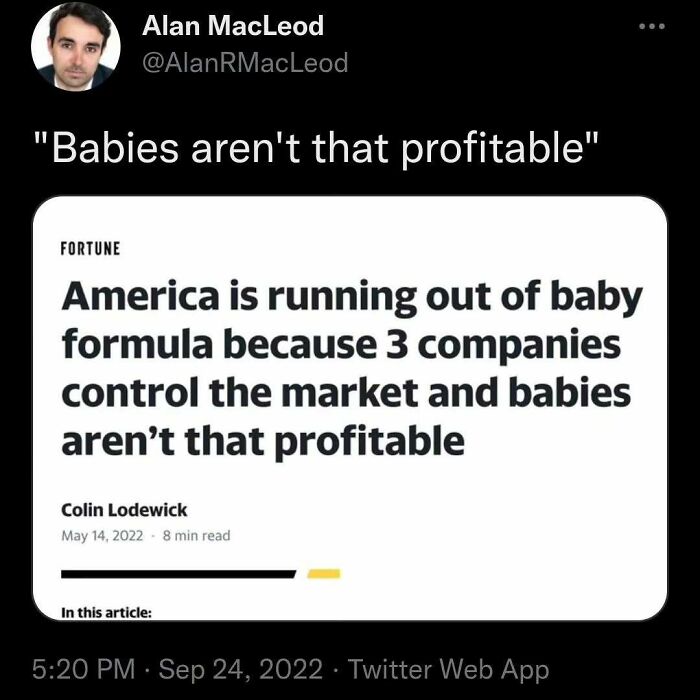 Tweet highlighting capitalism struggle with baby formula shortage due to market control by three companies.