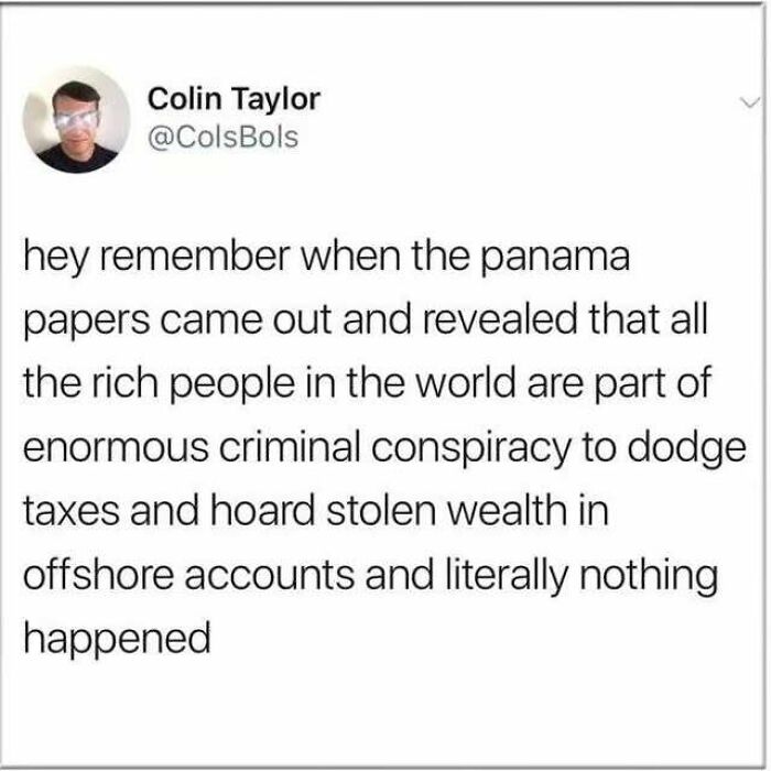 Anti-work post highlighting the Panama Papers' revelation of wealth hoarding by the rich, questioning capitalism.