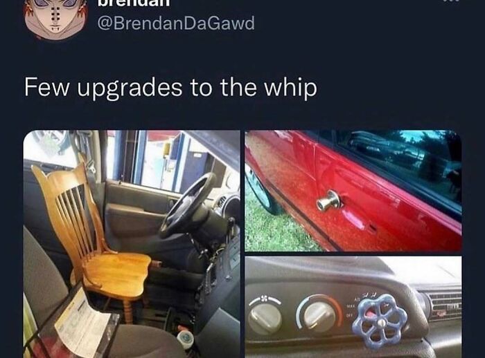 Car interior with humorous DIY modifications, featuring a wooden chair seat and valve k**b handle.