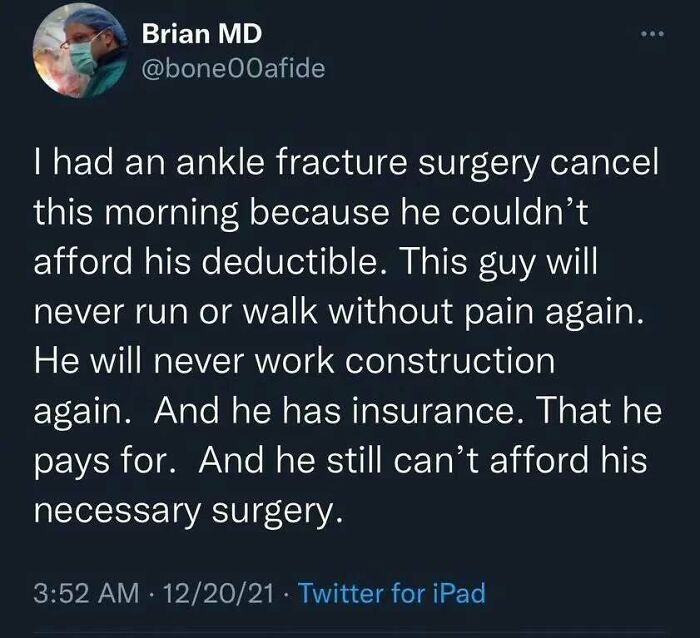 Tweet about canceled ankle surgery, highlighting struggle in capitalism despite having insurance.