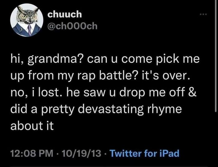 Funny meme about losing a rap battle due to a clever rhyme about getting dropped off by grandma.