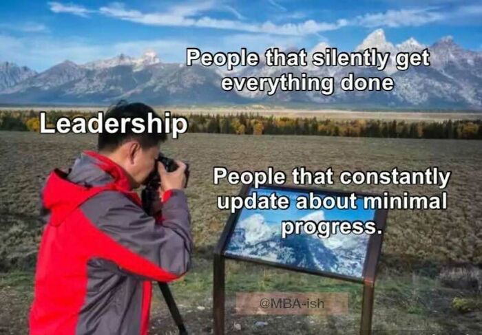 Photographer with camera labeled "Leadership" capturing mountains, with captions about work progress creating a relatable meme.