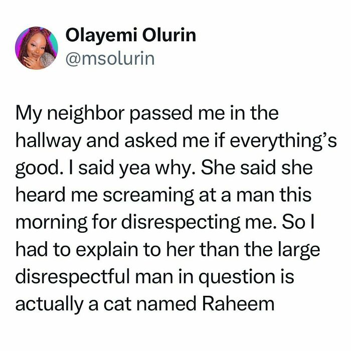 Tweet about a humorous misunderstanding involving a neighbor, a cat named Raheem, and a funny experience.