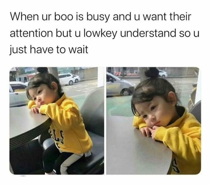 Child in a yellow sweater looking sad and waiting at a table, representing a relatable meme moment.