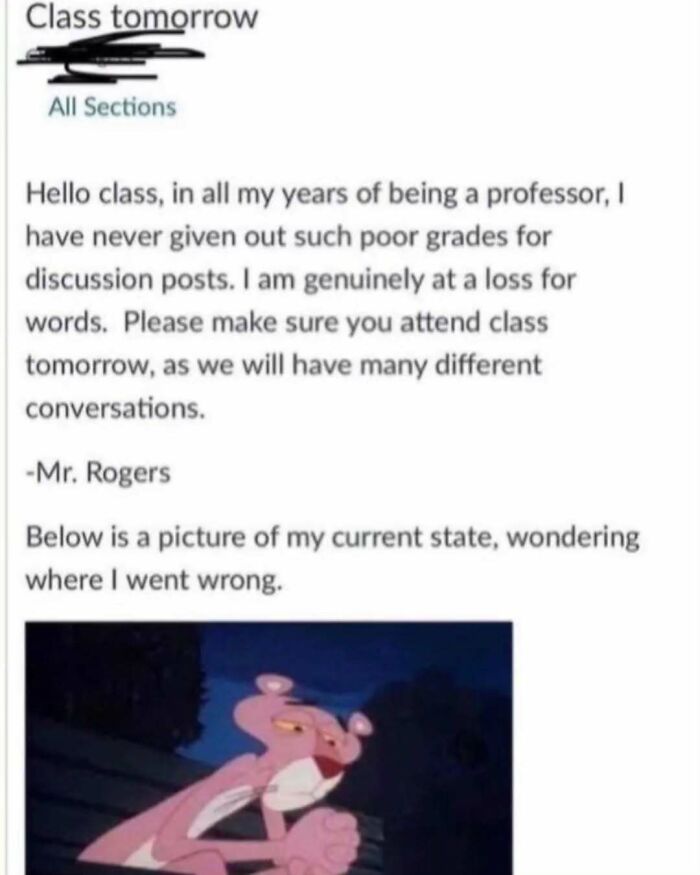 Professor's message with poor grades humor, featuring the Pink Panther looking puzzled.