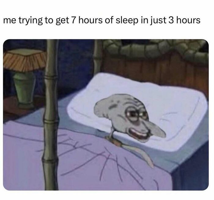 Sleep-deprived character in bed, humorously reflecting memes about men's sleep habits.