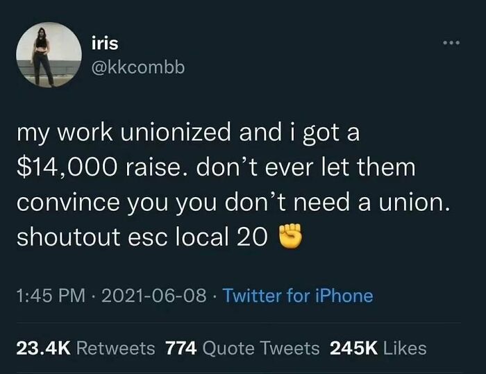 Tweet about unionized work leading to a $14,000 raise, highlighting benefits of unions in capitalism.