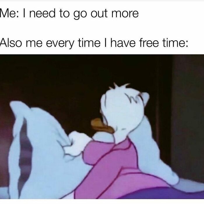 Cartoon character in bed, illustrating a relatable meme about wanting to go out but choosing to stay in.