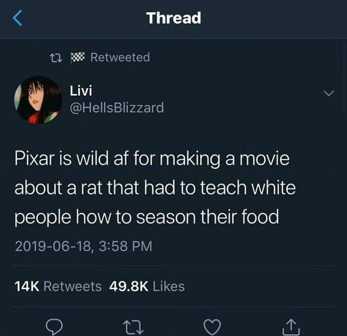 Tweet with a funny meme about Pixar's movie and a rat teaching cooking.