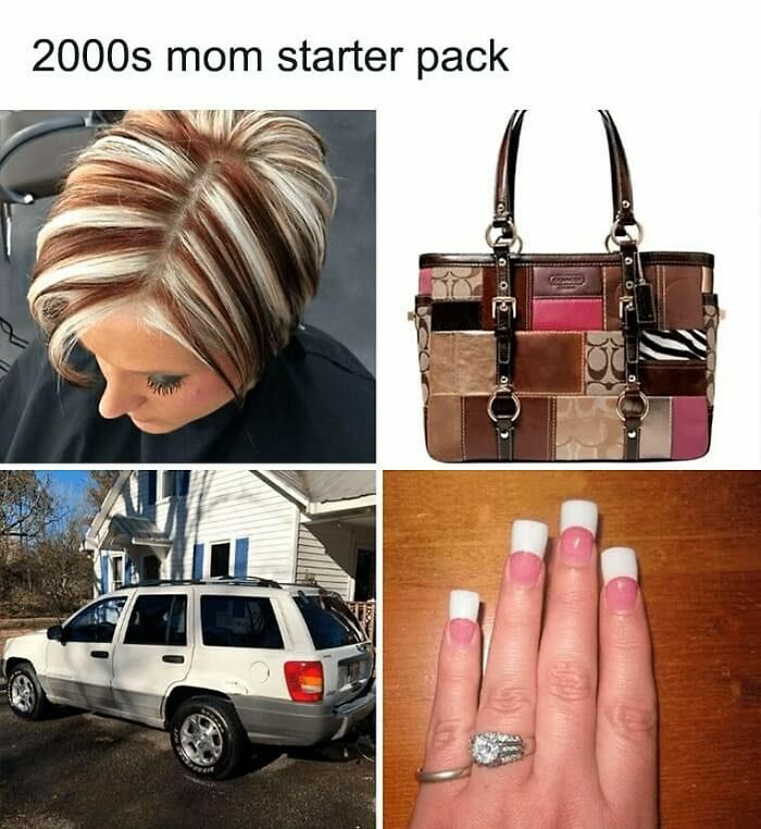 2000s mom starter pack meme with striped hair, patchwork purse, SUV, and acrylic nails. Millennial Misery humor.