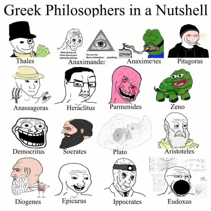Philosophy memes featuring Greek philosophers in humorous depictions.