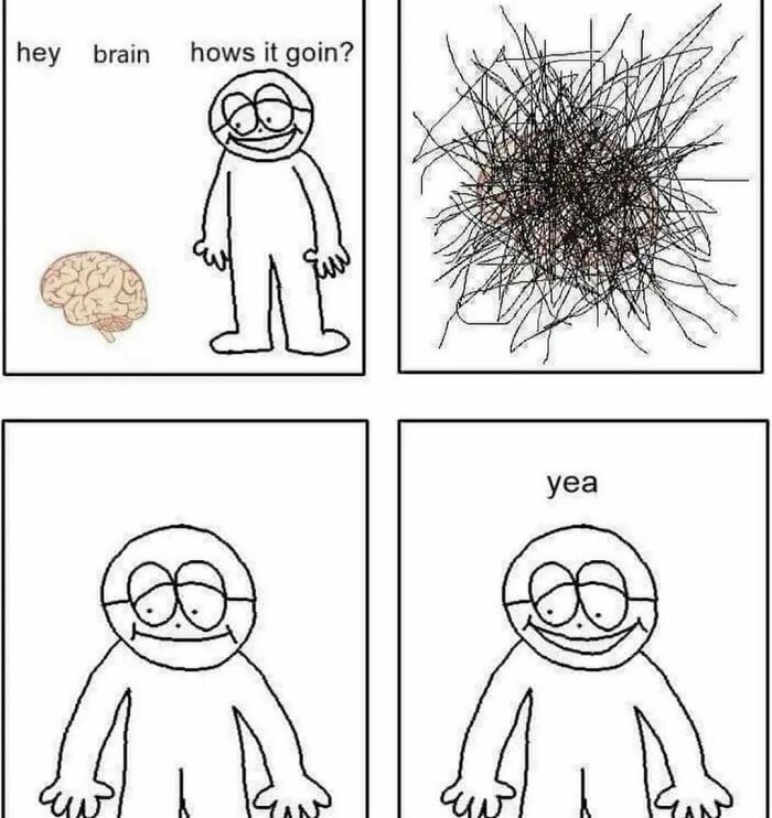 Cartoon character talking to brain, conveying a messy state of mind with a chaotic scribble, illustrating philosophy memes.