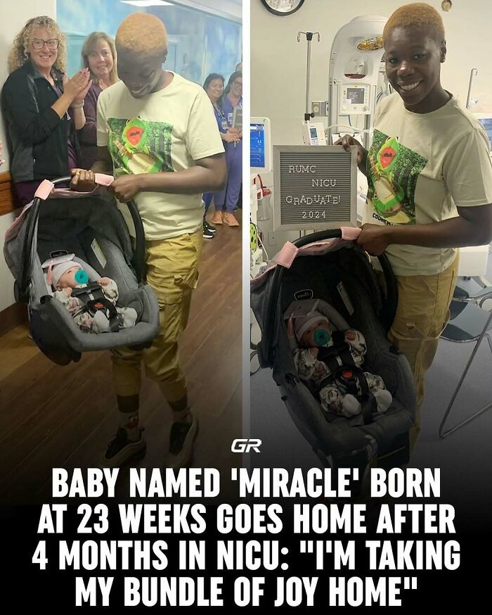 Person joyfully carrying a baby home from NICU, surrounded by smiling well-wishers; an interesting milestone moment.