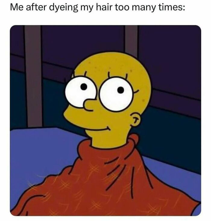Cartoon character wrapped in a blanket, depicting a relatable meme about hair dyeing effects.