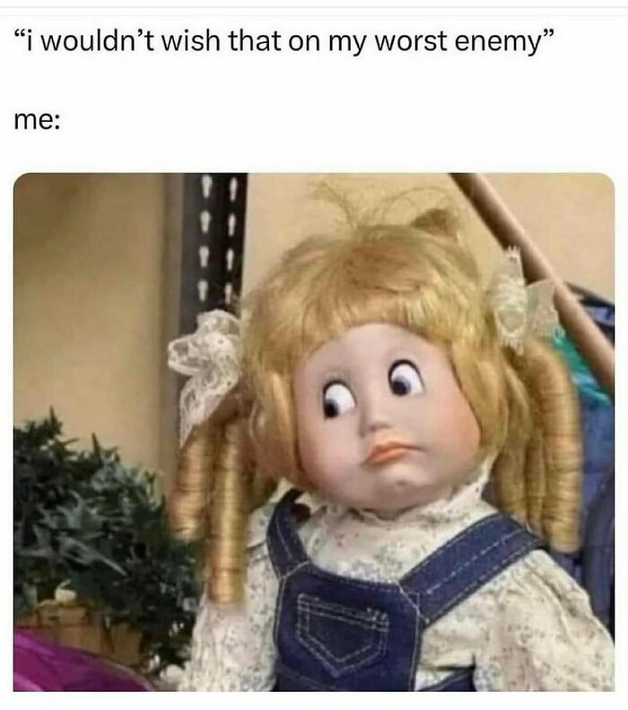 A doll with a skeptical expression, capturing a relatable meme moment.