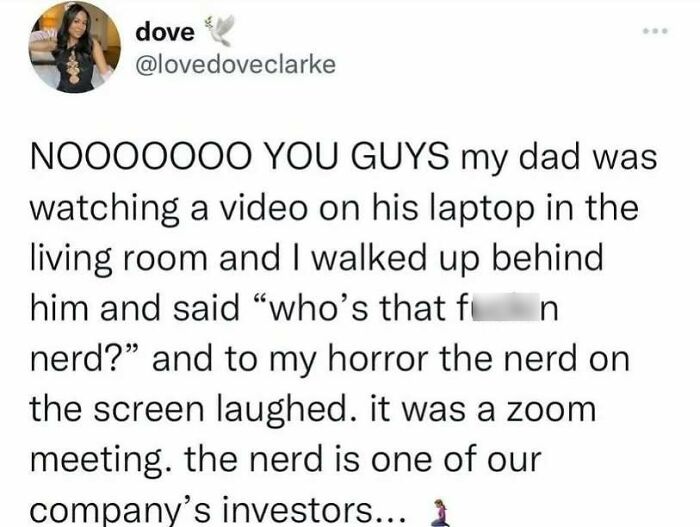 Tweet about a funny Zoom meeting mishap involving an unexpected investor appearance, bringing humor to a long day.