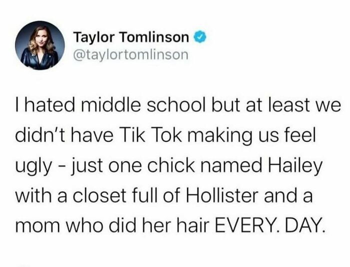 Millennial misery meme about middle school nostalgia and TikTok influences, featuring a humorous tweet.