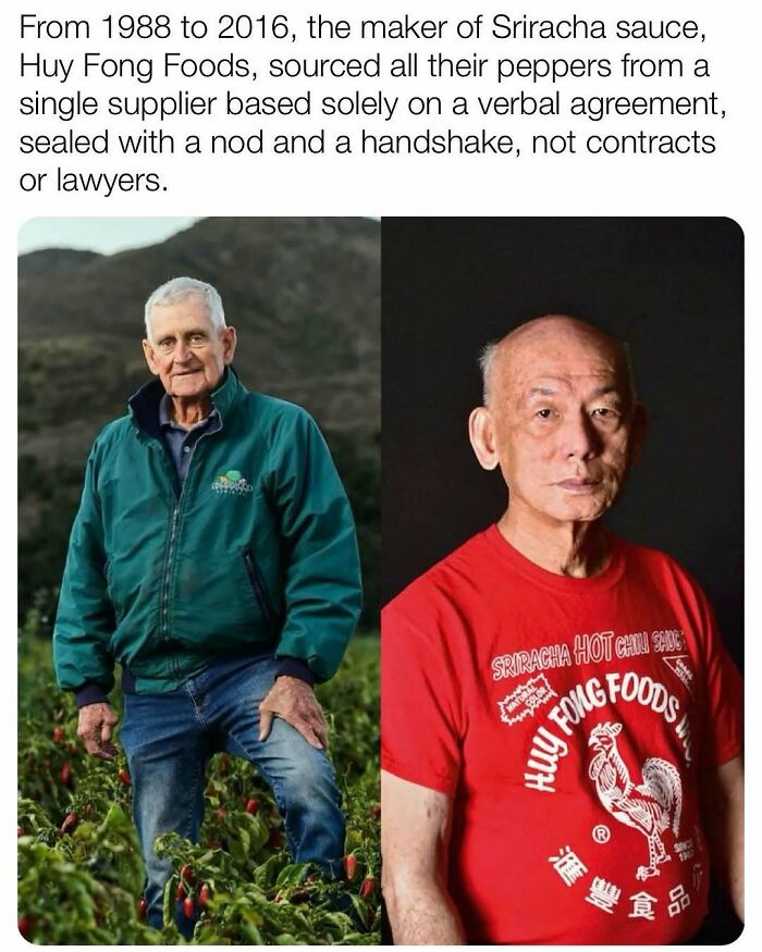 Two men involved in Sriracha sauce history, with one in a field and the other in a red Huy Fong Foods shirt.