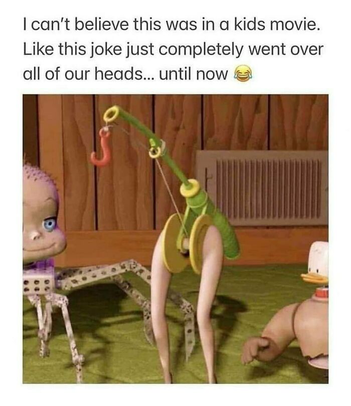 Funny millennial meme showing quirky toy characters from a kids movie, sparking humorous realization.