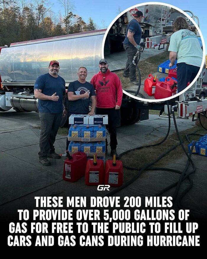 Three men delivering free gas during hurricane, standing next to a tanker with supplies and gas cans.