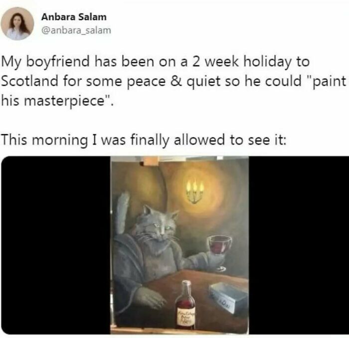 Cat painting meme with a cat holding a drink, intended to cheer you up after a long day.