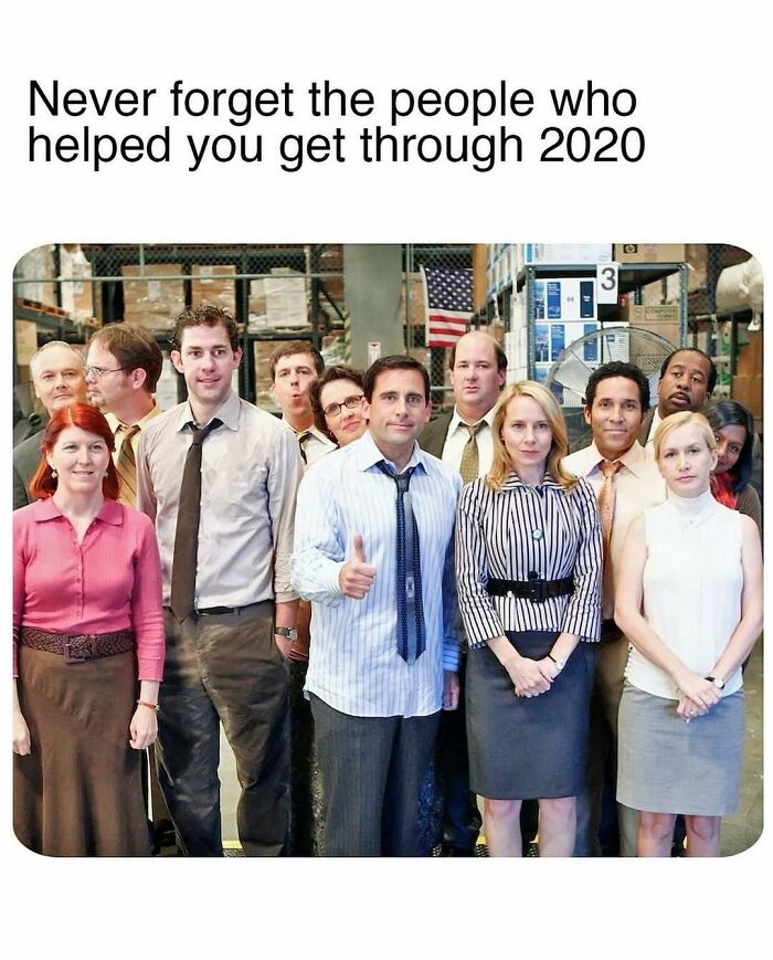 Cast of "The Office" standing together, creating a funny meme to remember 2020.