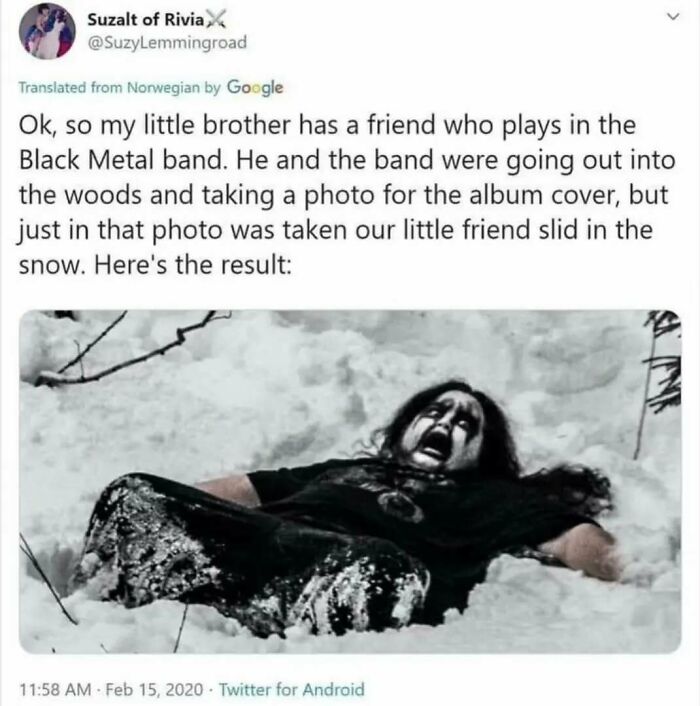 Band member slipping in snow during a black metal photo shoot, creating a funny meme.