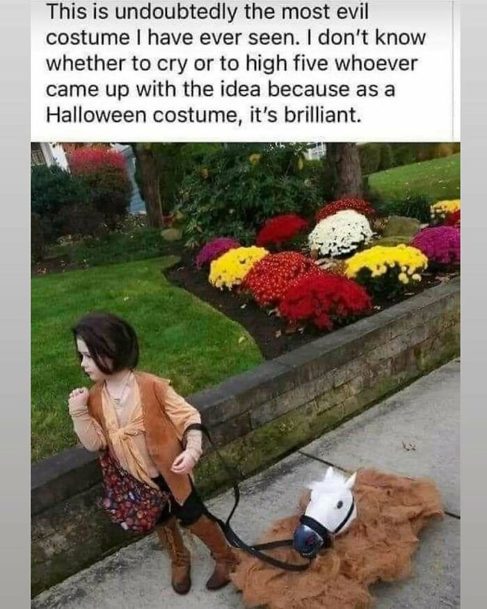 Child in creative Halloween costume pulling a toy horse on a leash, showcasing millennial humor.