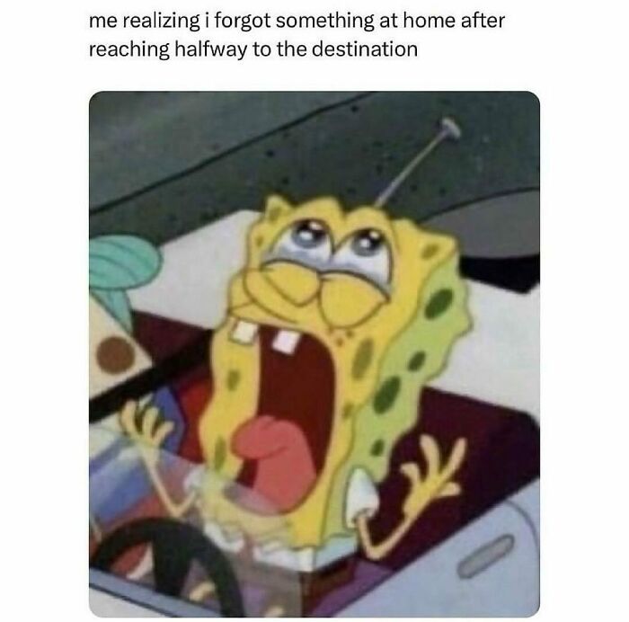 SpongeBob screaming in a car, depicting a painfully relatable moment of forgetting something important.