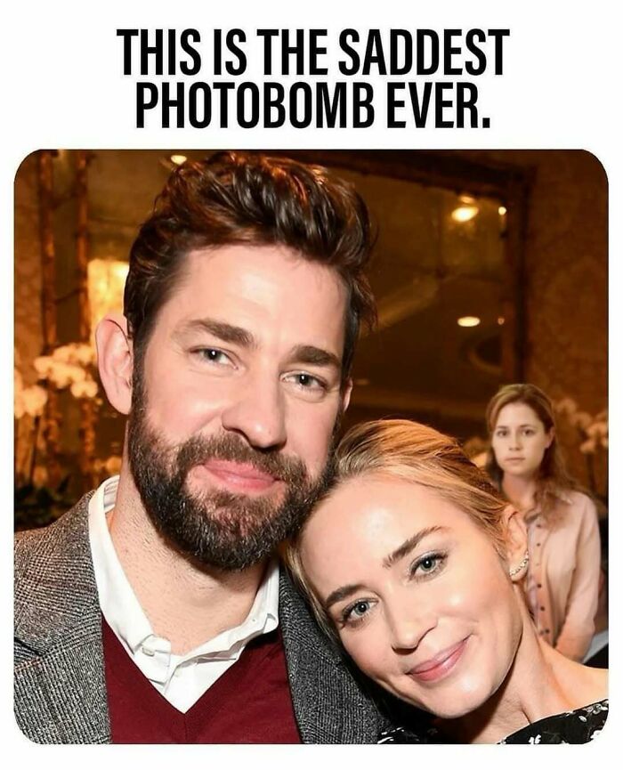 "The Office" meme with a photobomb, featuring a couple smiling and another person in the background.