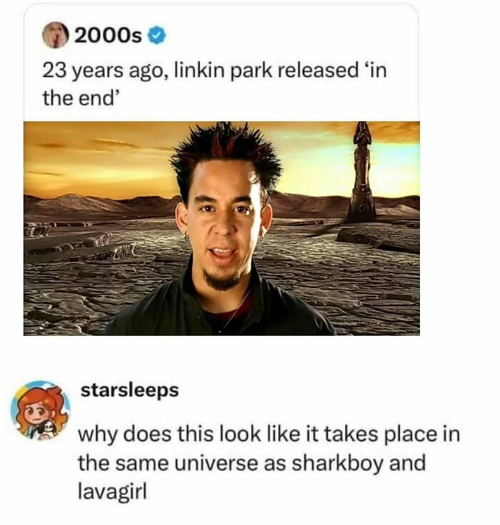 Millennial Misery meme with a Linkin Park reference and humorous comment on the setting's resemblance to a fantasy universe.
